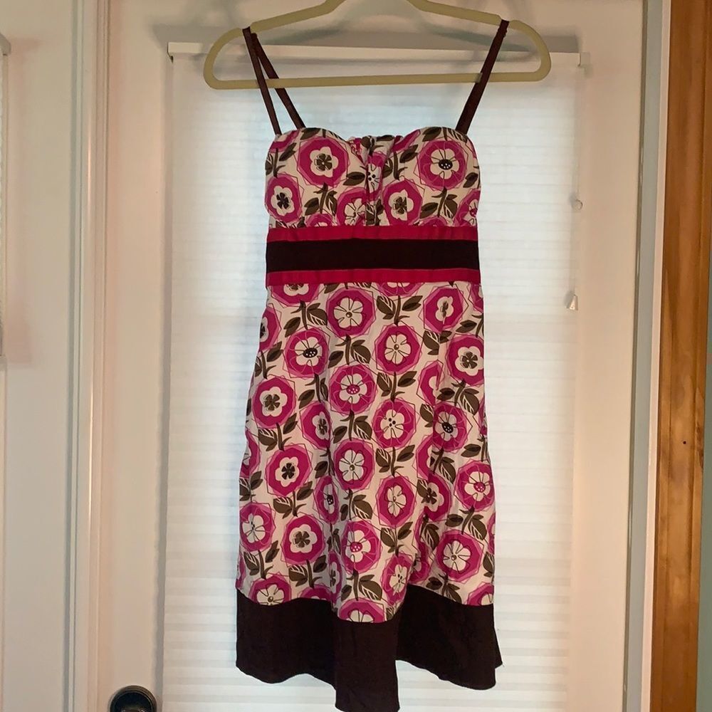 Pink Brown Floral Padded‎ Cups Dress Medium